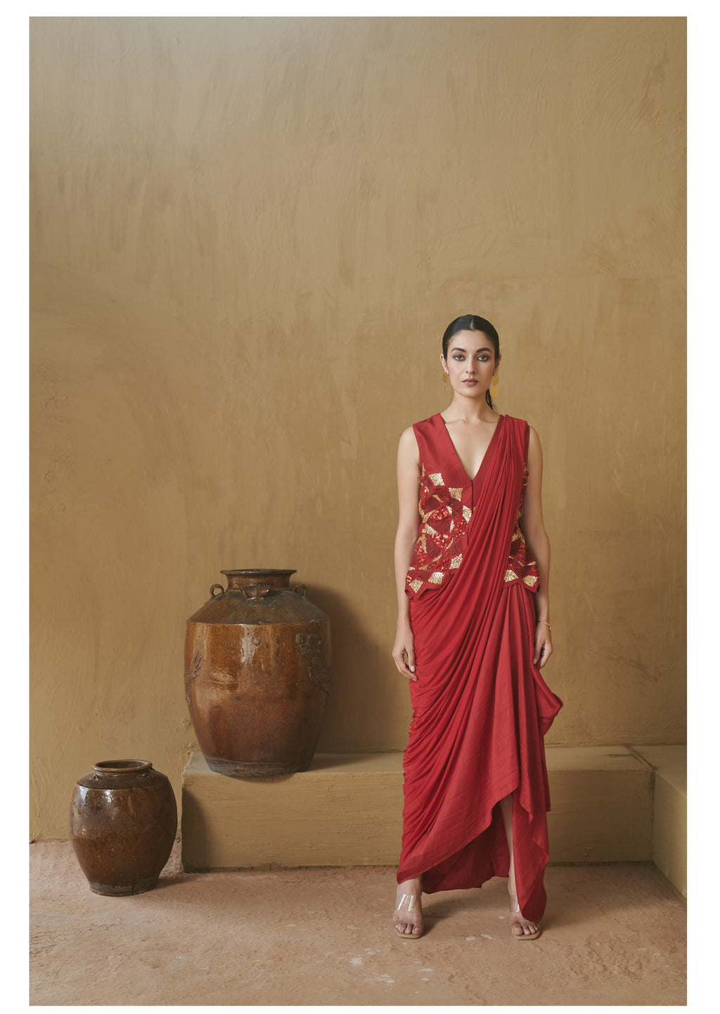 Red Beaded Star Cutwork Jacket with Saree Set