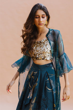 Teal Beaded Bustier Jacket Set