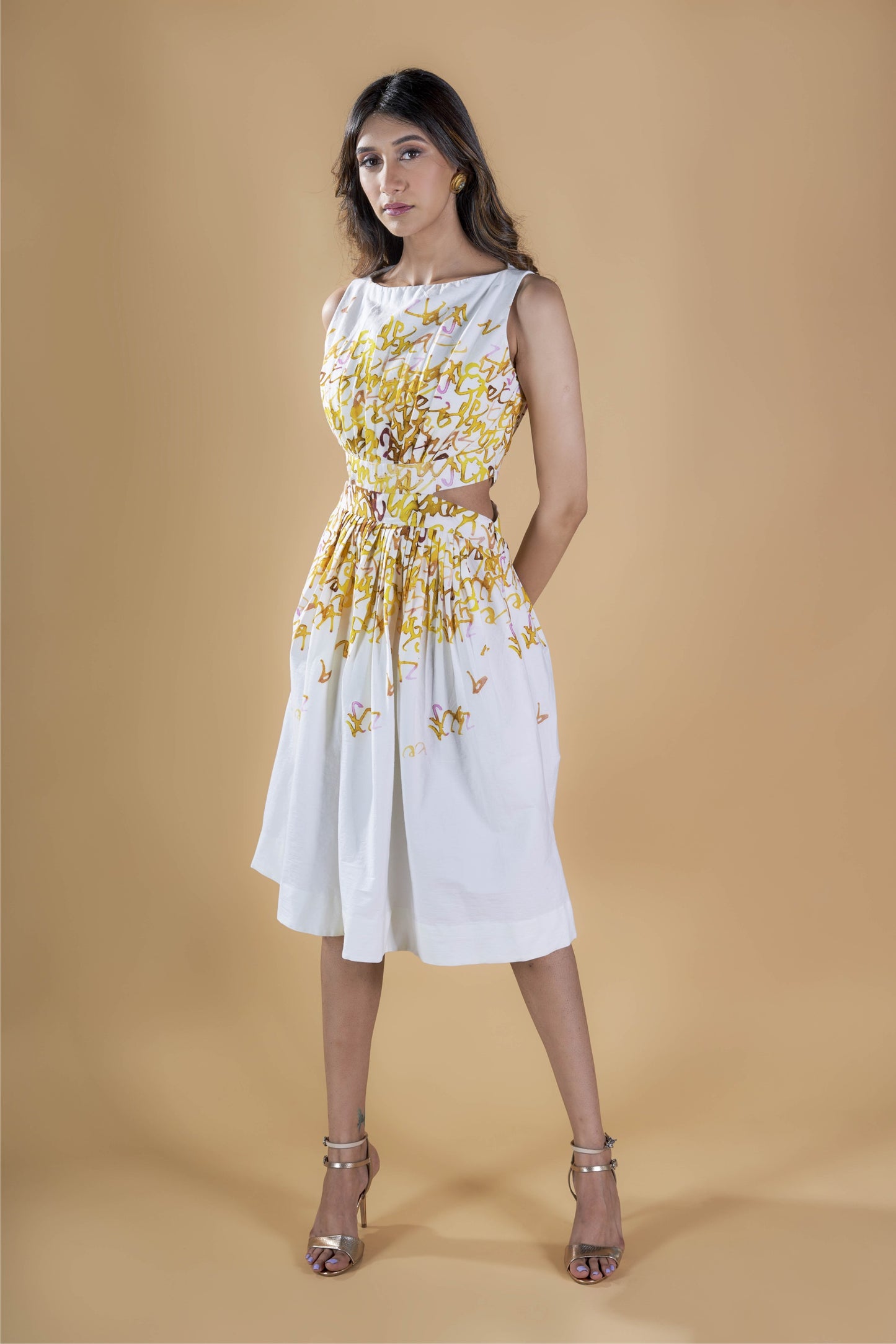 Yellow calligraphy cut-out waist dress