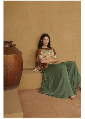 Teal Marrakech print beaded belted cape & pant set