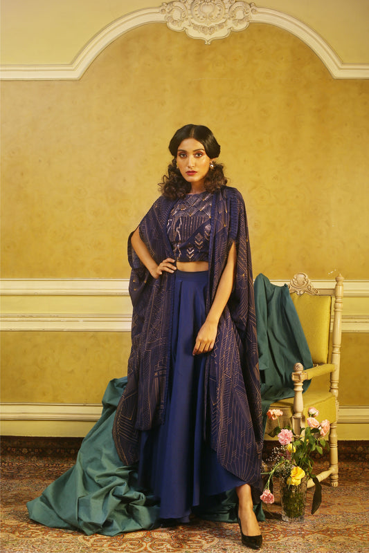 Navy Art Deco Beaded Top with Flared Pants & Printed Origami Cape Set.