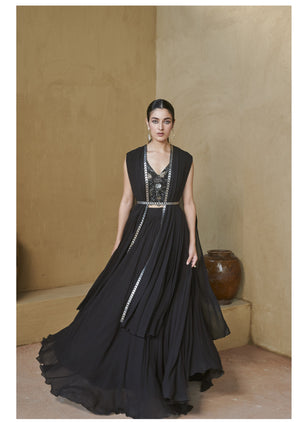 Black beaded bustier with pleated jacket set.