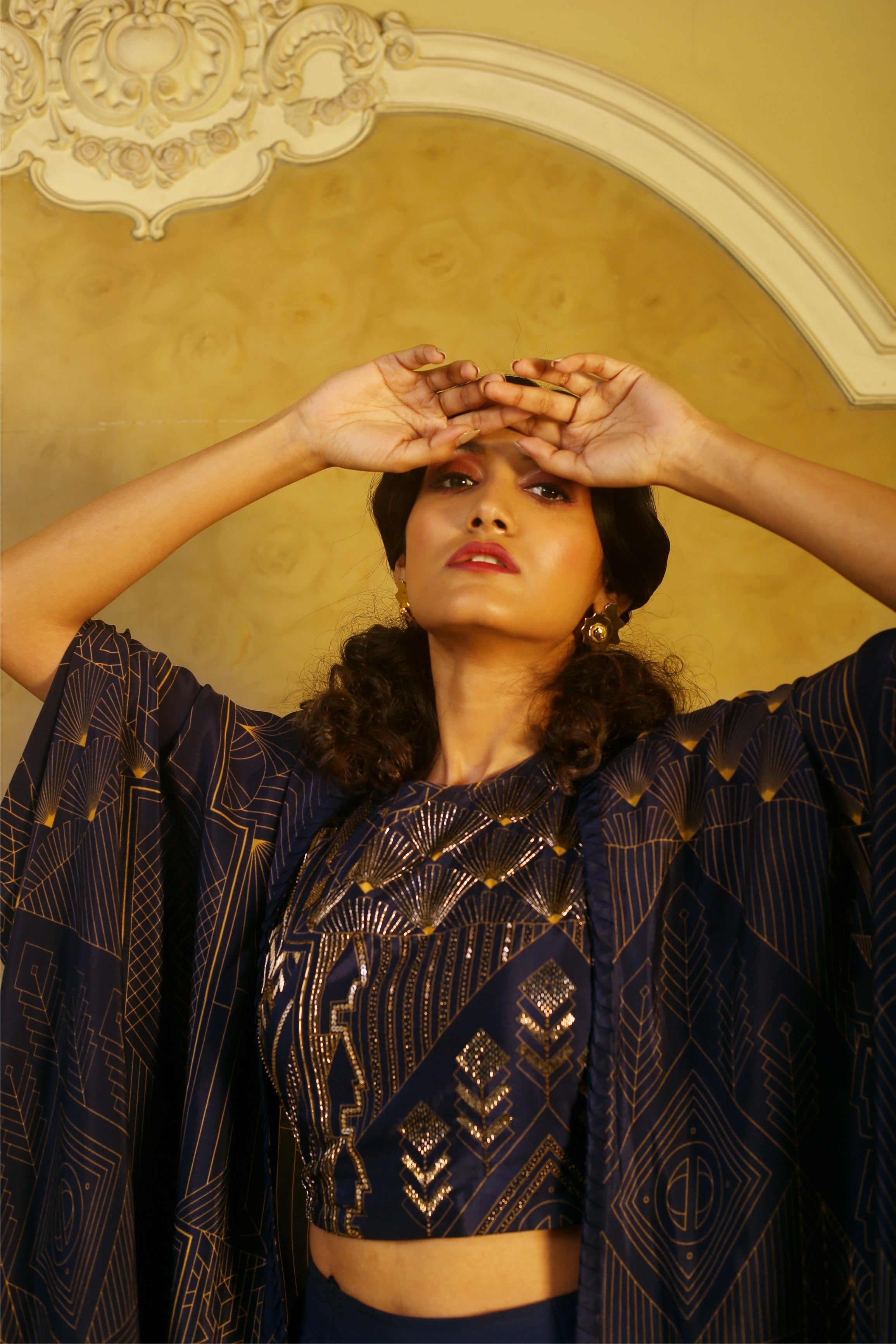 Navy Art Deco Beaded Top with Flared Pants & Printed Origami Cape Set.