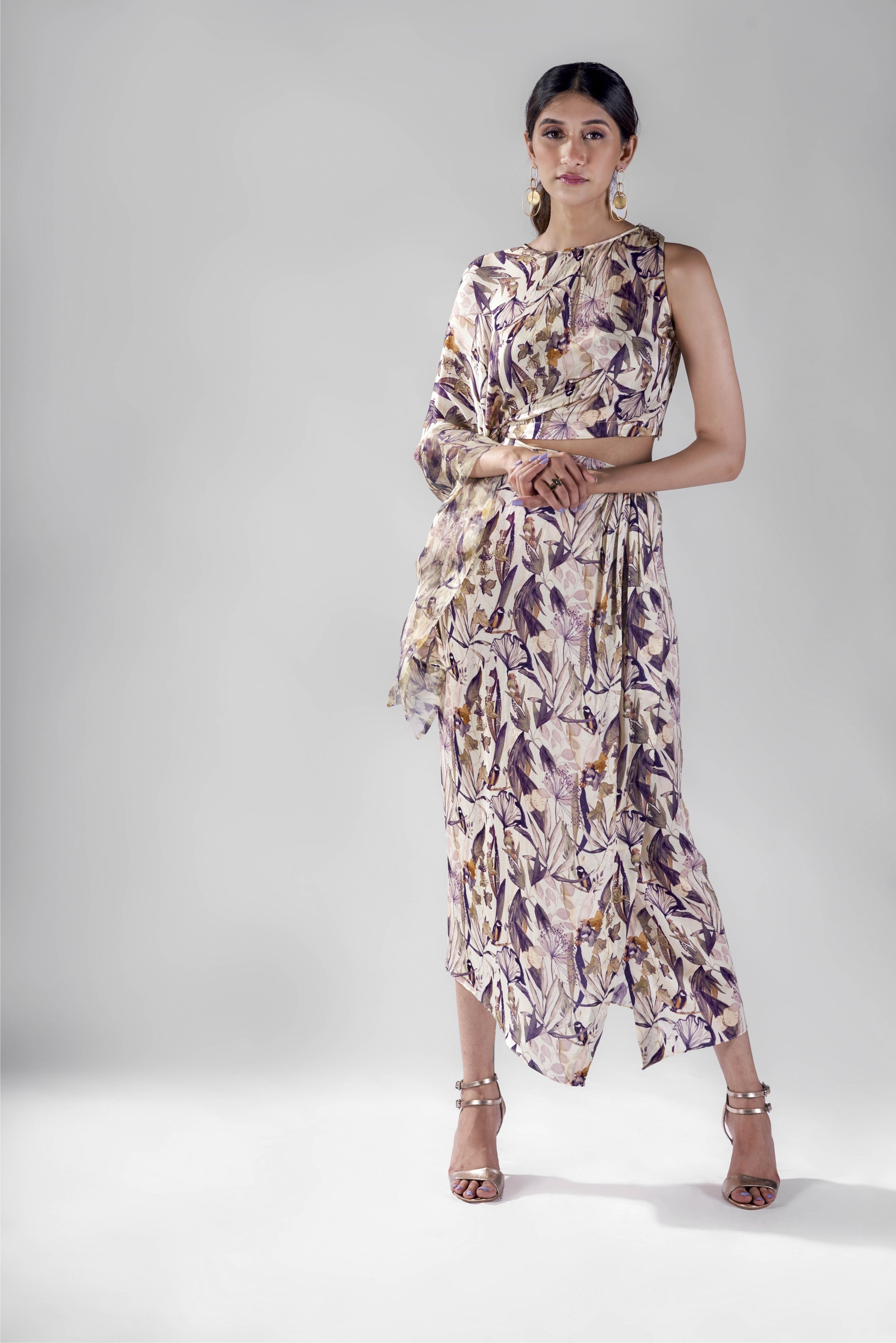Offwhite bird print draped top with wrap skirt set.