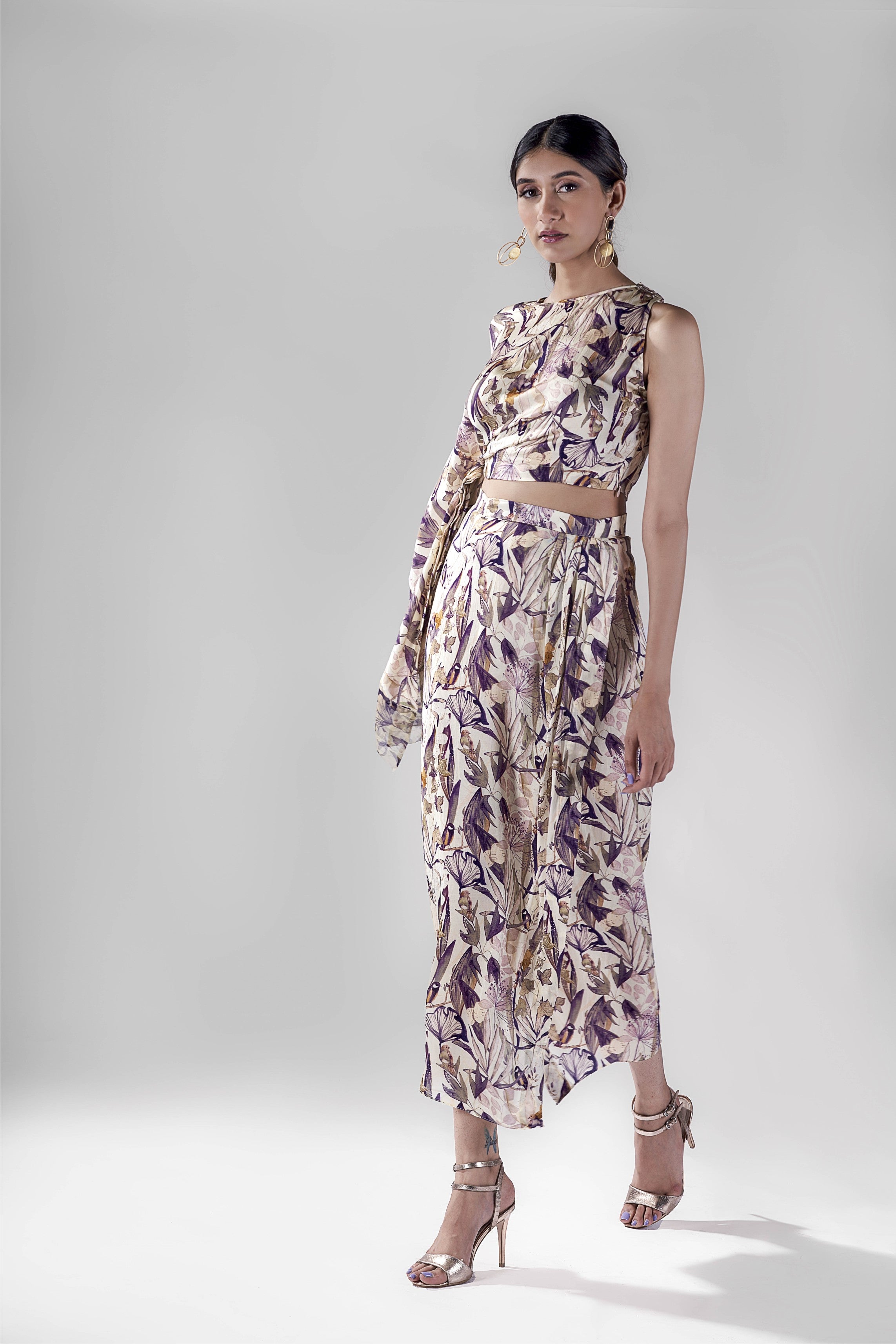 Offwhite bird print draped top with wrap skirt set.