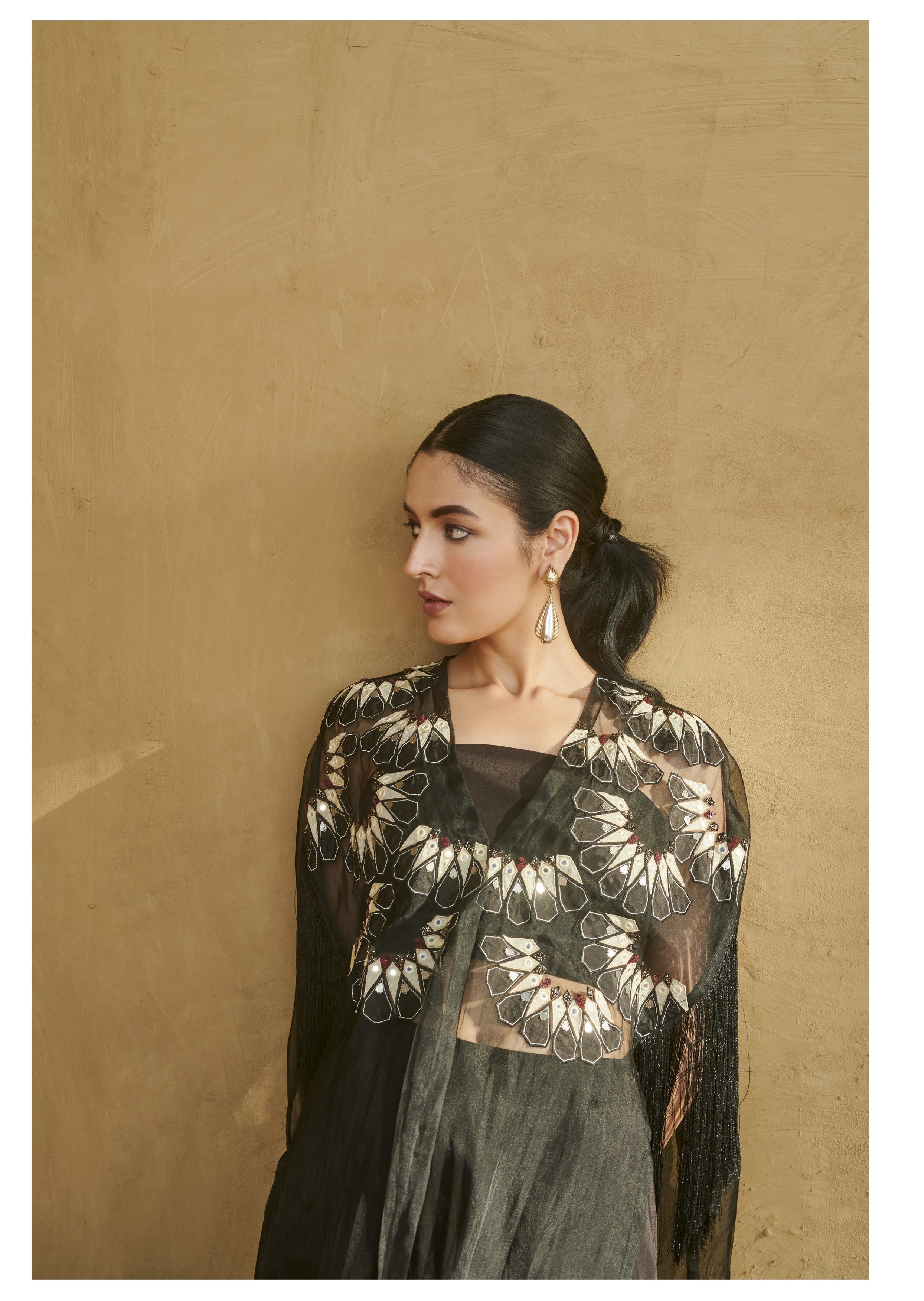 Black Moon Applique Fringe Cape Set
