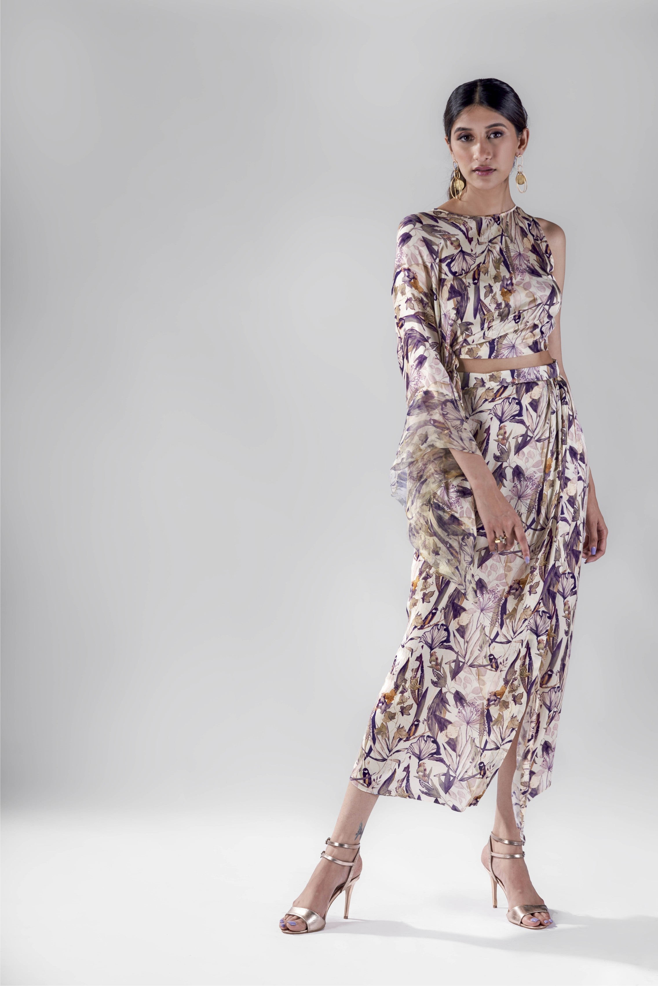 Offwhite bird print draped top with wrap skirt set.