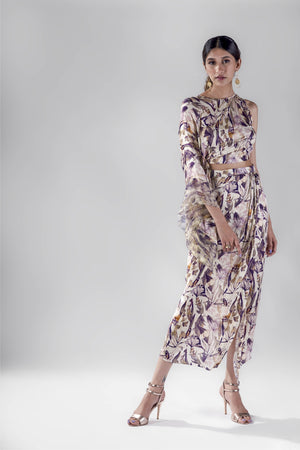 Offwhite bird print draped top with wrap skirt set.