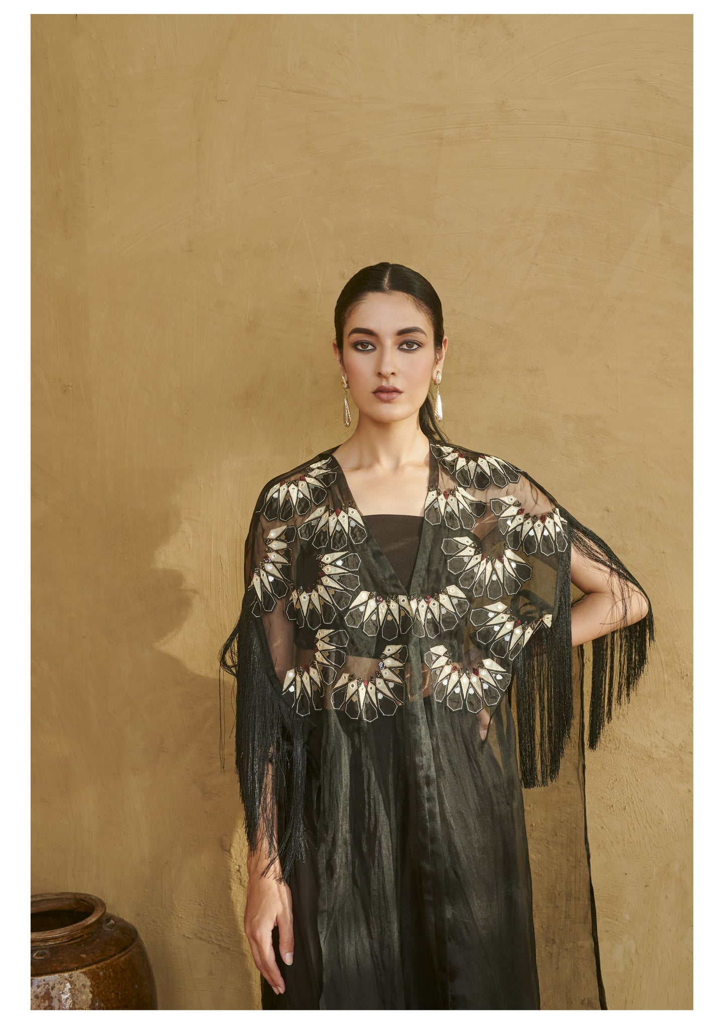Black Moon Applique Fringe Cape Set