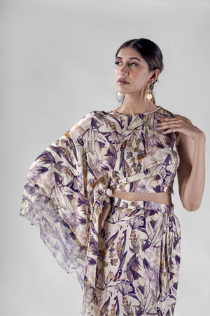 Offwhite bird print draped top with wrap skirt set.