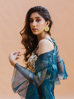 Teal Beaded Bustier Jacket Set