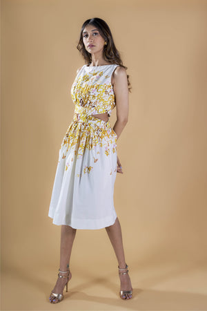 Yellow calligraphy cut-out waist dress