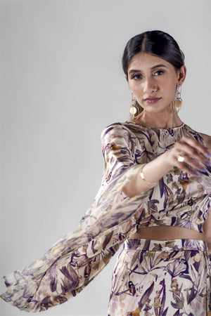 Offwhite bird print draped top with wrap skirt set.