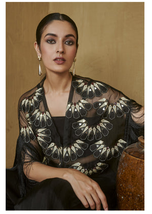Black Moon Applique Fringe Cape Set