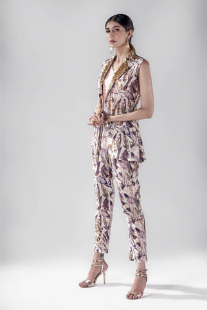 Off white bird print beaded lapel jacket set.