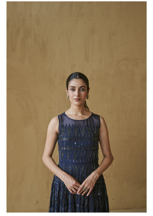 Navy Blue Sheer Applique Gown