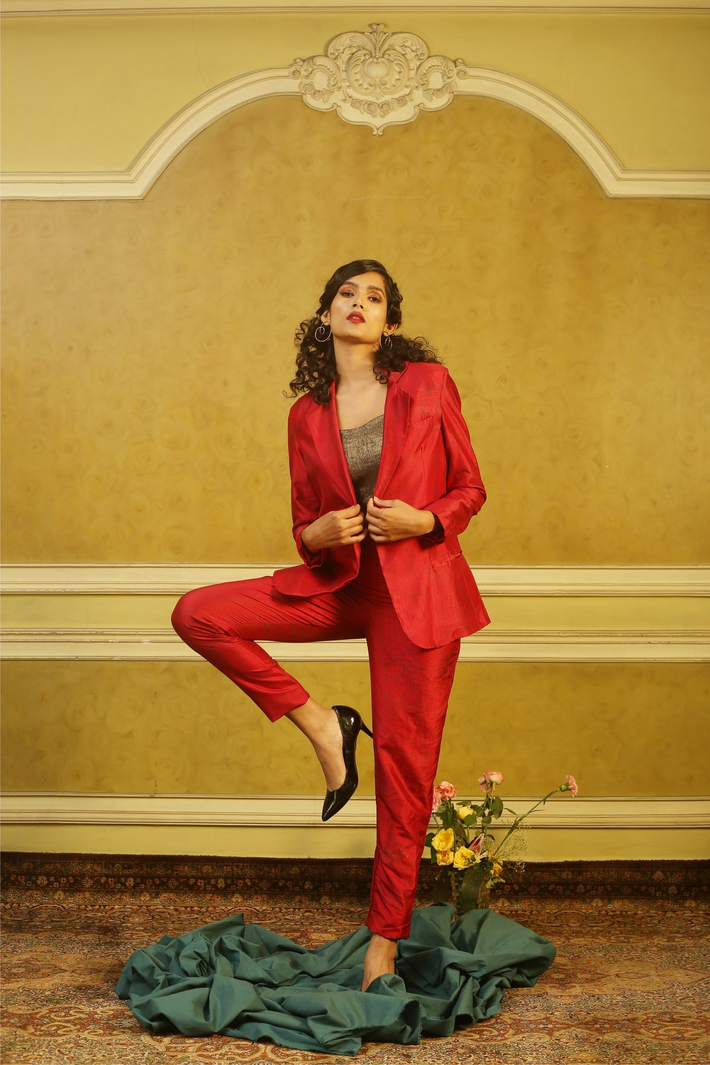 Brick Red Art Deco Pant-Suit with Gold Bustier