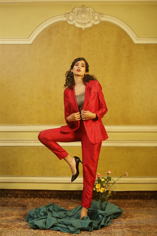 Brick Red Art Deco Pant-Suit with Gold Bustier