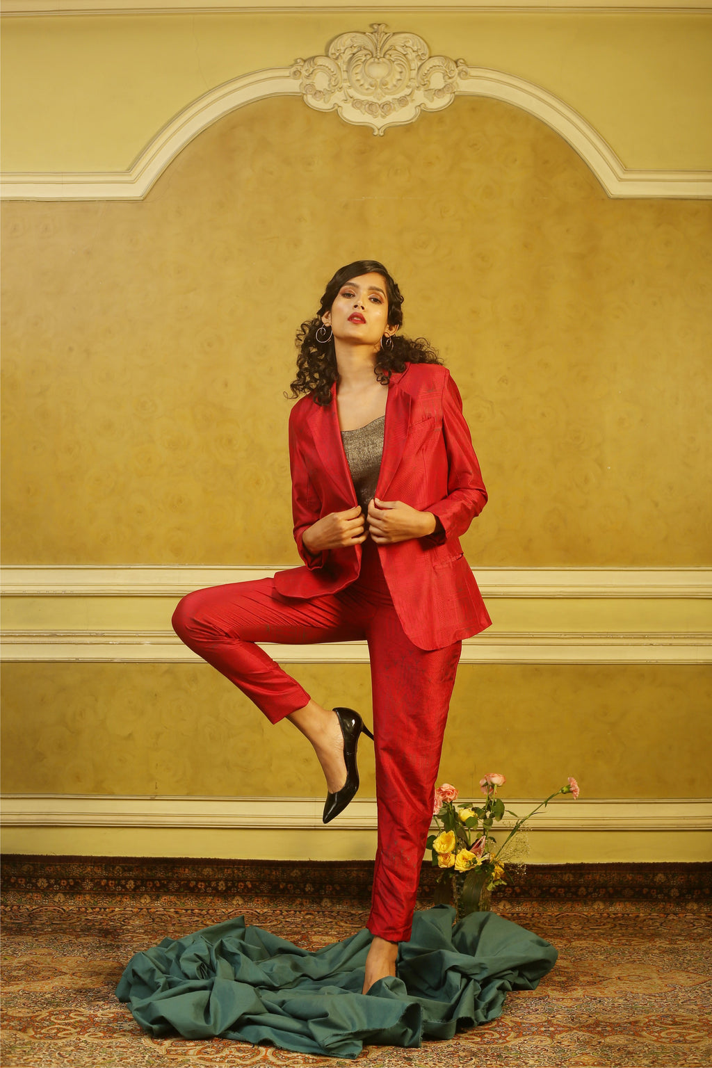Brick Red Art Deco Pant-Suit with Gold Bustier