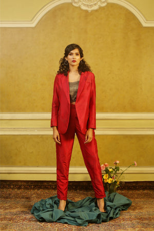 Brick Red Art Deco Pant-Suit with Gold Bustier