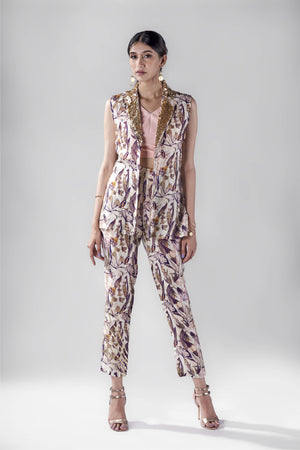 Off white bird print beaded lapel jacket set.