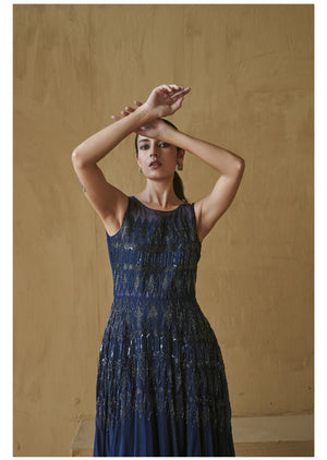 Navy Blue Sheer Applique Gown
