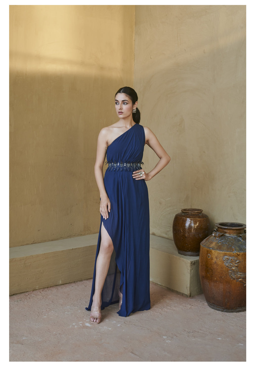 Navy Blue One Shoulder Belted Slit Gown