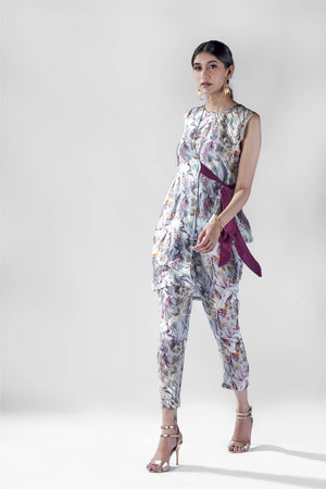 Aqua bird print overlay tieup co-ord set.