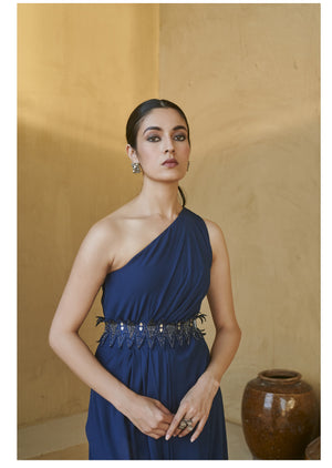 Navy Blue One Shoulder Belted Slit Gown