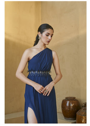 Navy Blue One Shoulder Belted Slit Gown