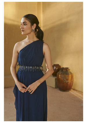 Navy Blue One Shoulder Belted Slit Gown