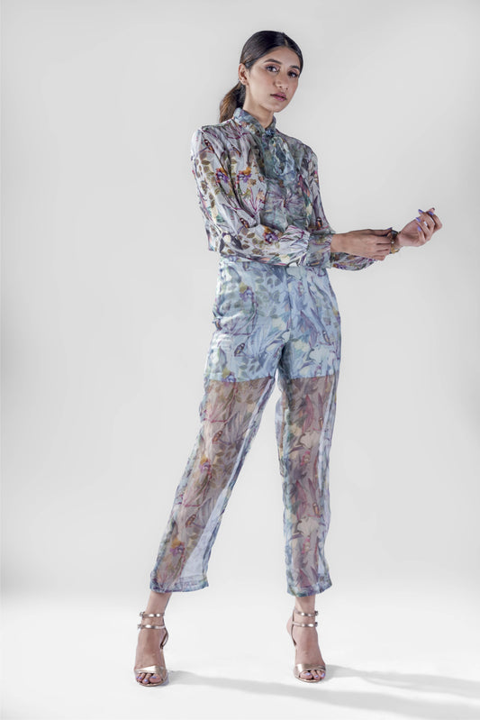 Aqua print knotted collar shirt with organza sheer pant set.