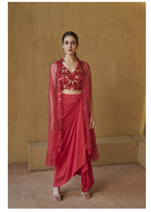 Hot pink beaded bustier with skirt & organza cape set