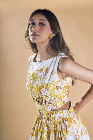 Yellow calligraphy cut-out waist dress