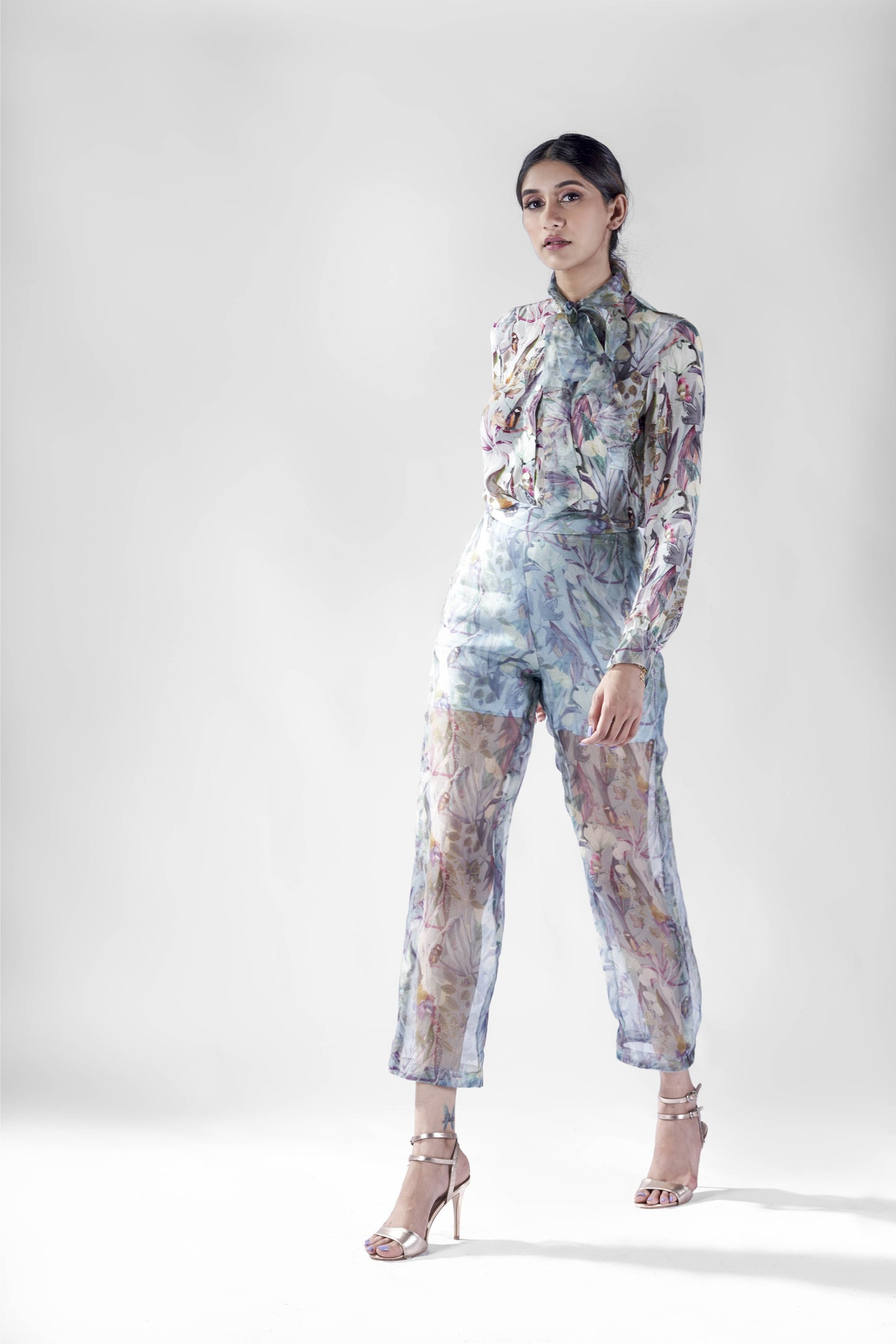 Aqua print knotted collar shirt with organza sheer pant set.