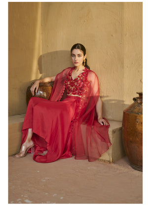 Hot pink beaded bustier with skirt & organza cape set