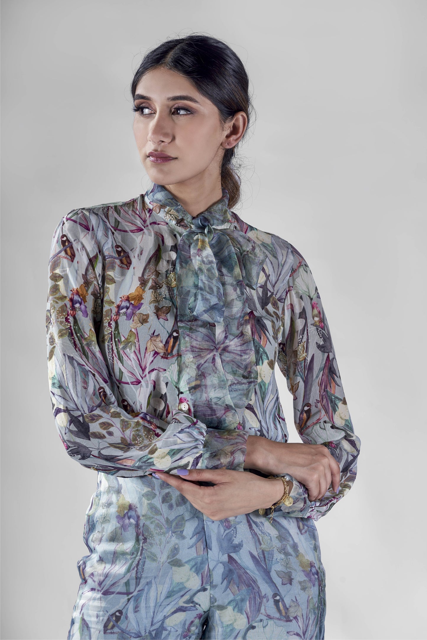 Aqua print knotted collar shirt with organza sheer pant set.