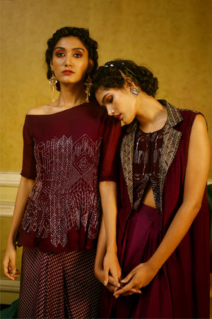 Aubergine Off-the-Shoulder Peplum Top & Printed Drape Skirt