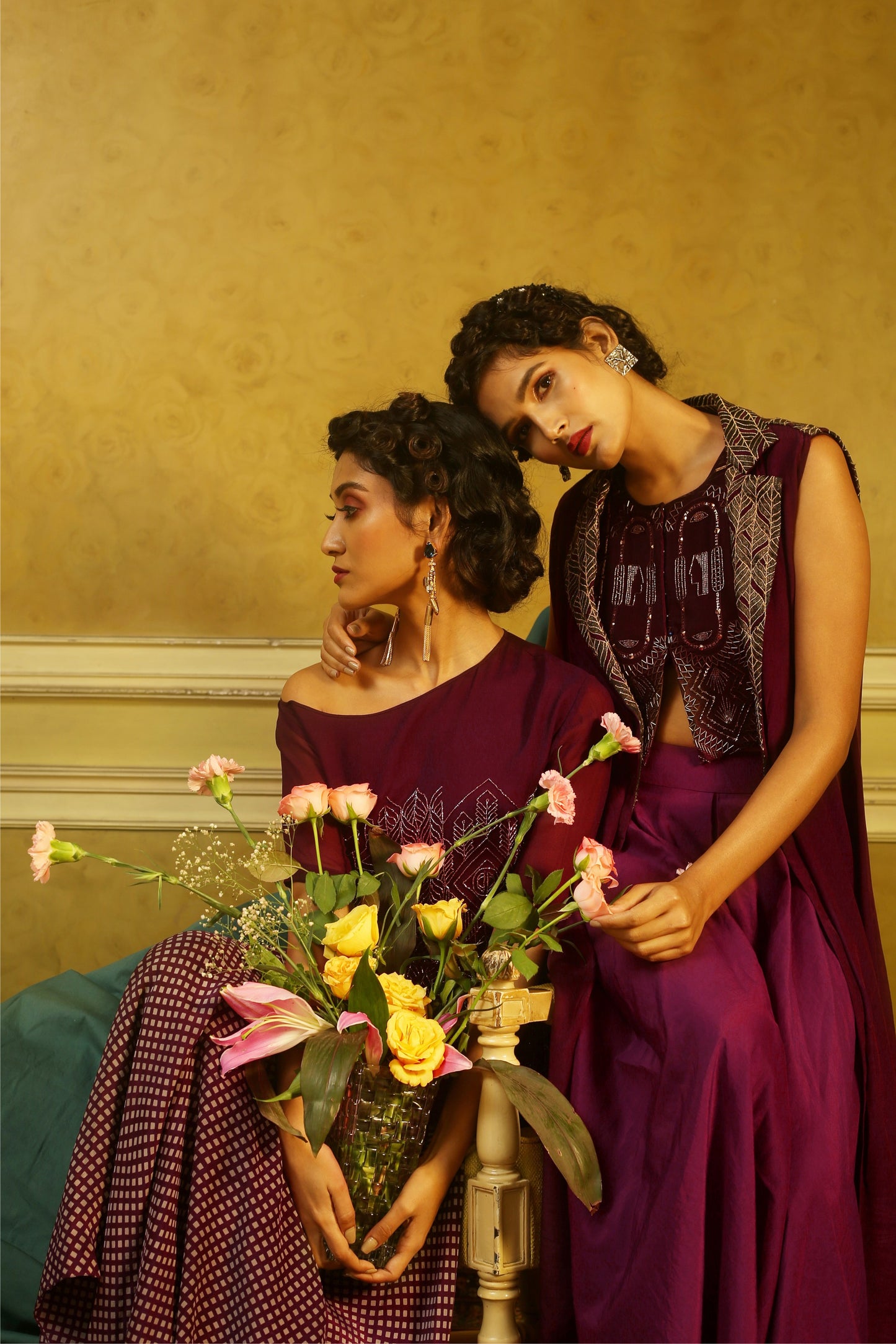Aubergine Top & Flared Pants With Applique Lapel Jacket