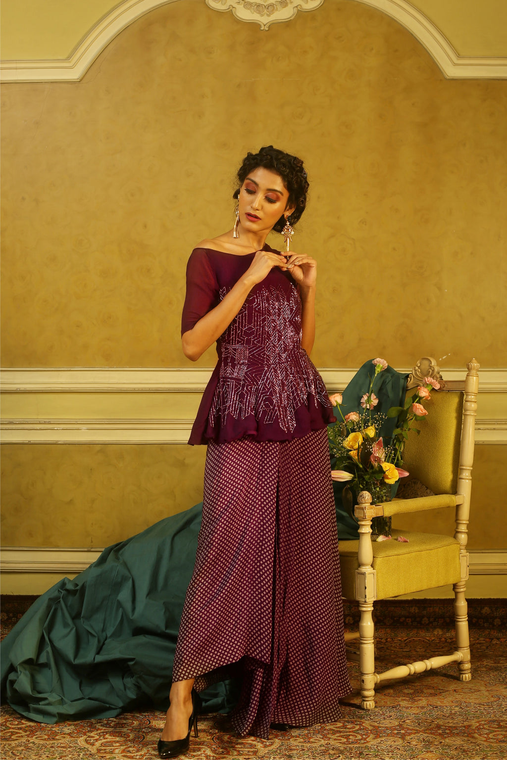 Aubergine Off-the-Shoulder Peplum Top & Printed Drape Skirt