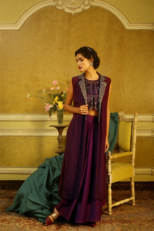 Aubergine Top & Flared Pants With Applique Lapel Jacket