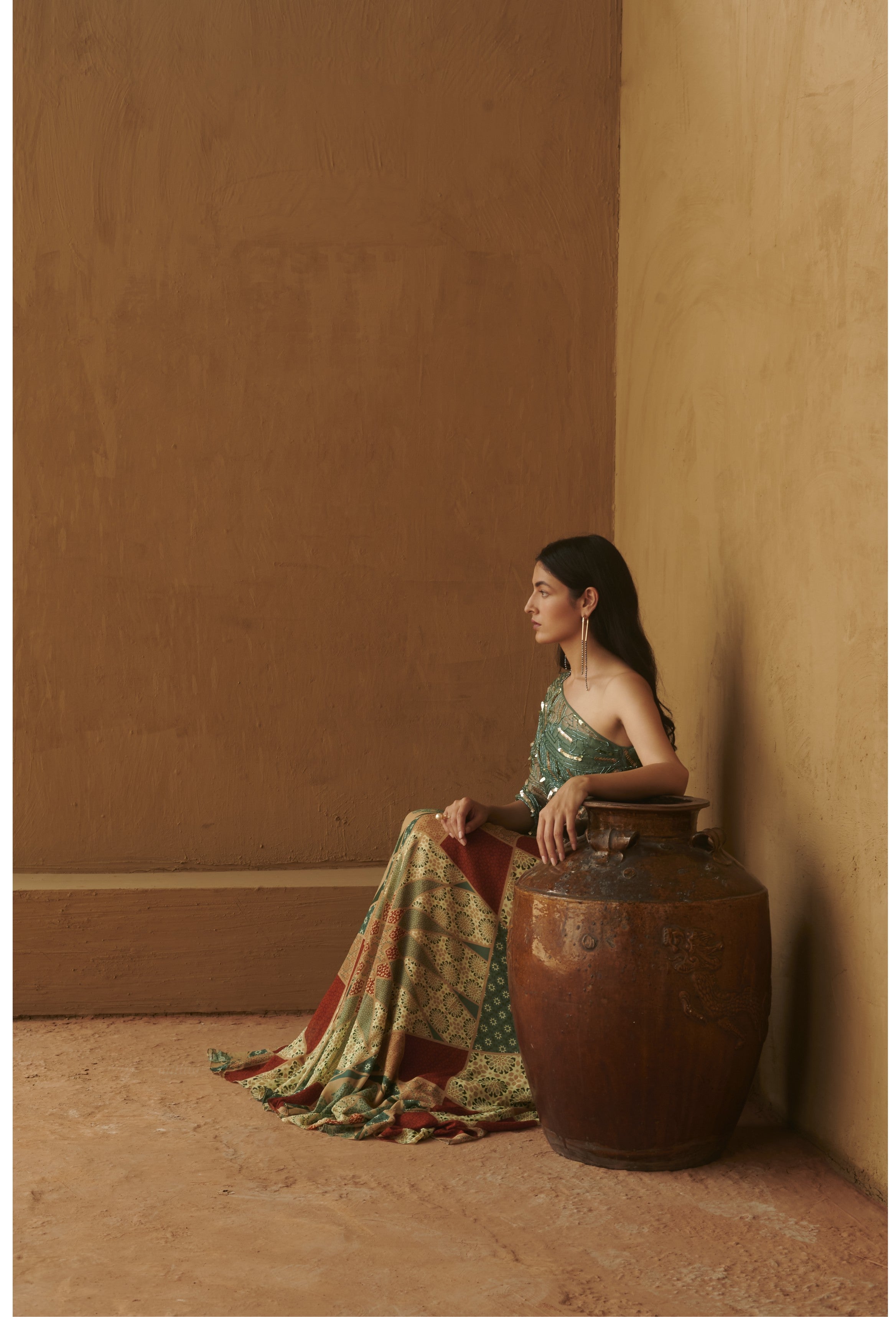 Slate Green Beaded Organza Top With Skirt Set