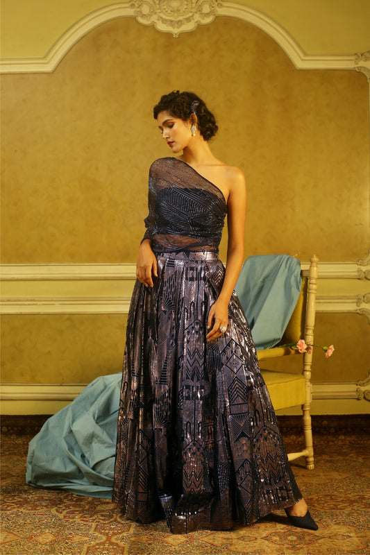 Navy Beaded Overlay with Bustier & Printed Box Pleat Skirt