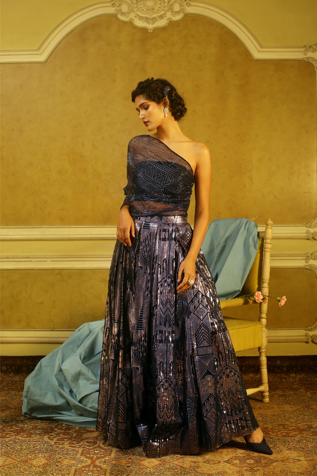 Navy Beaded Overlay with Bustier & Printed Box Pleat Skirt