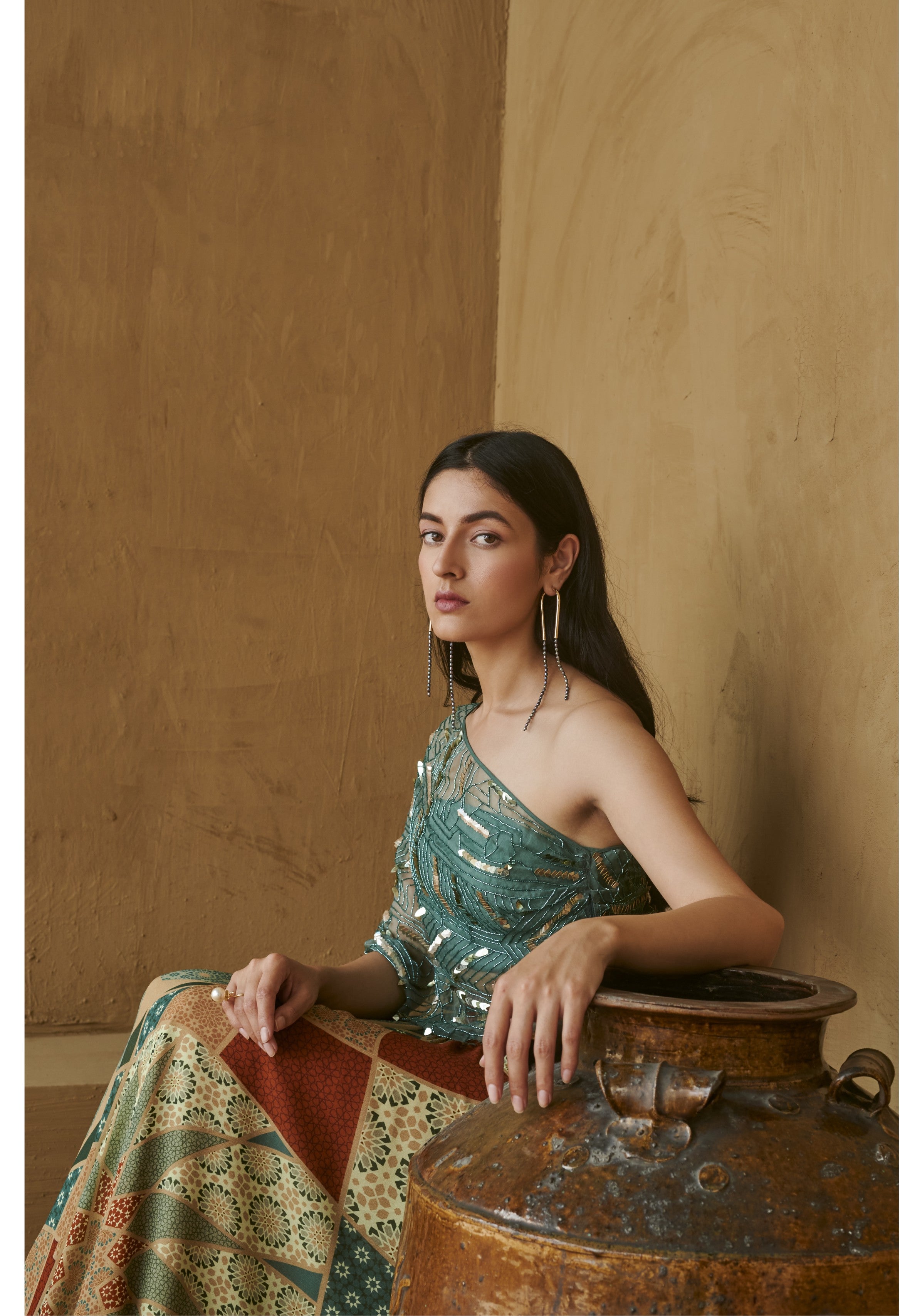 Slate Green Beaded Organza Top With Skirt Set