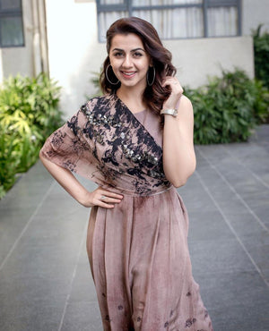 Nikki Galrani in Ash Beaded Wrap Jumpsuit
