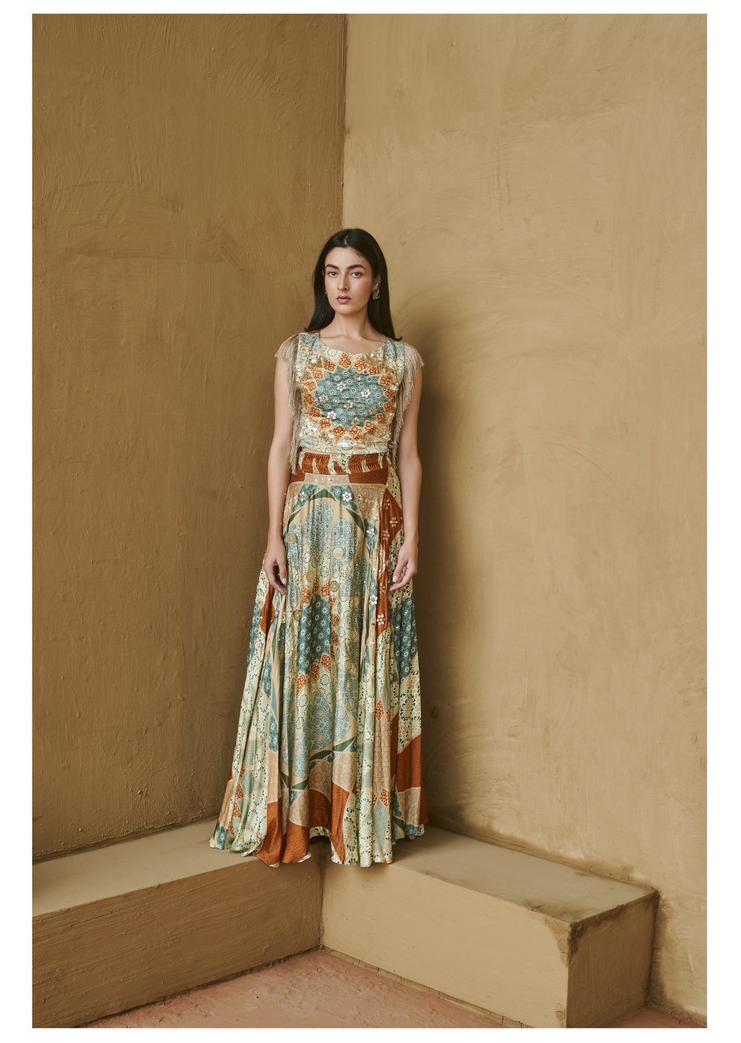 Teal Marrakech Print Fringe Top & Skirt Set