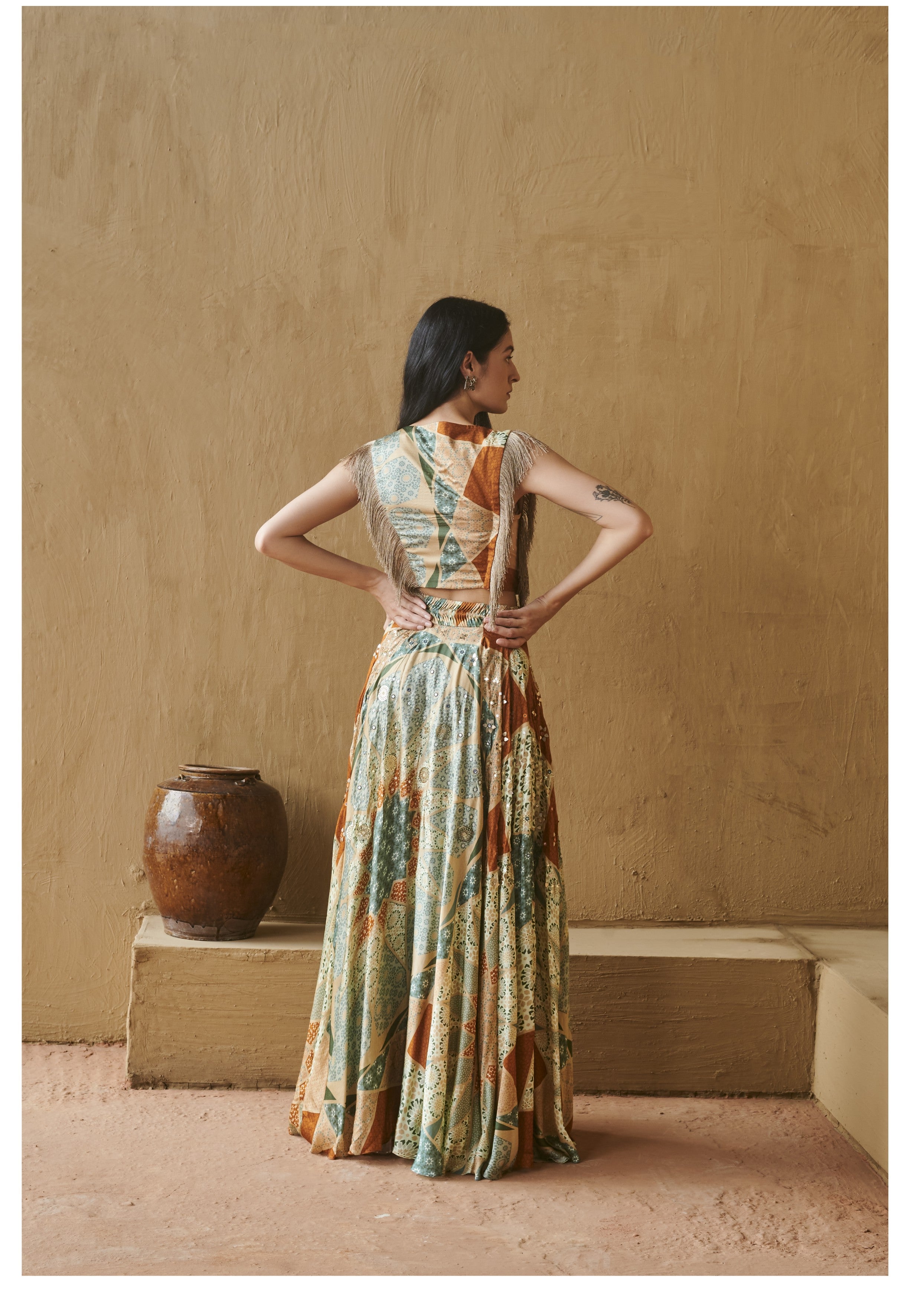 Teal Marrakech Print Fringe Top & Skirt Set