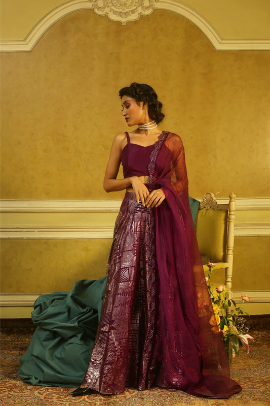 Aubergine Origami Bustier with Printed Lehenga, Organza dupatta