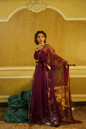 Aubergine Origami Bustier with Printed Lehenga, Organza dupatta